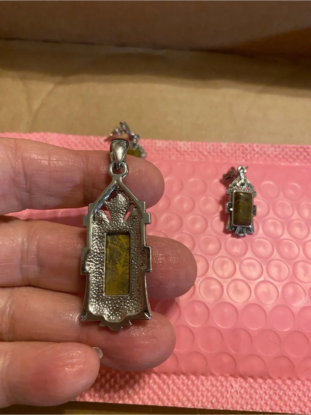Art deco brown nephrite jade pendant and earrings in marcasite